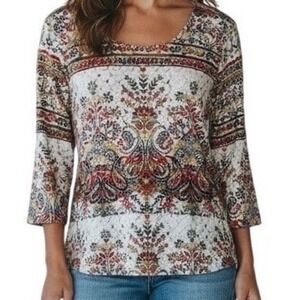 Multiples Womens 3/4 Sleeve Lace Overlay Sequin Paisley Floral Blouse Top XL